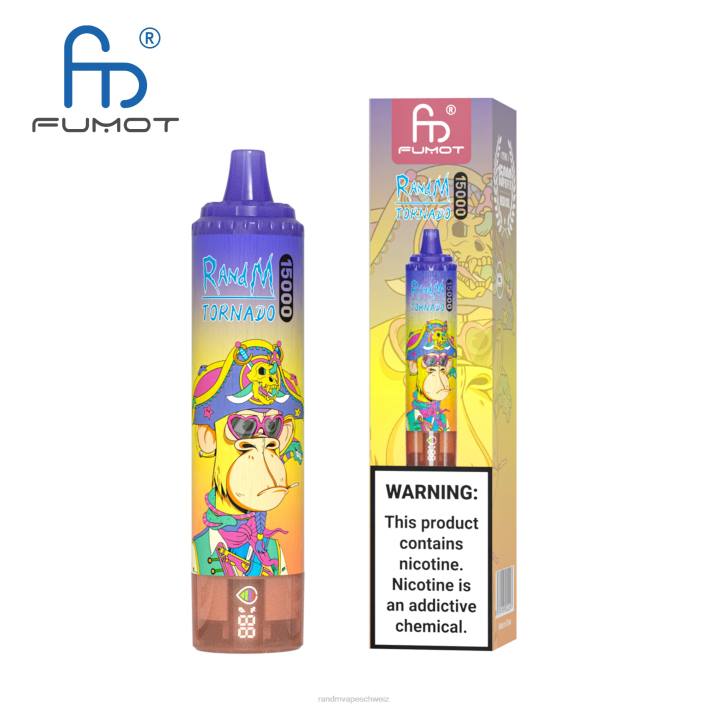 RandM Tornado Schweiz | Fumot RandM Tornado 00P253 15000 Vape-Gerät mit Akku und E-Liquid-Display Version 3 Mango auf Eis